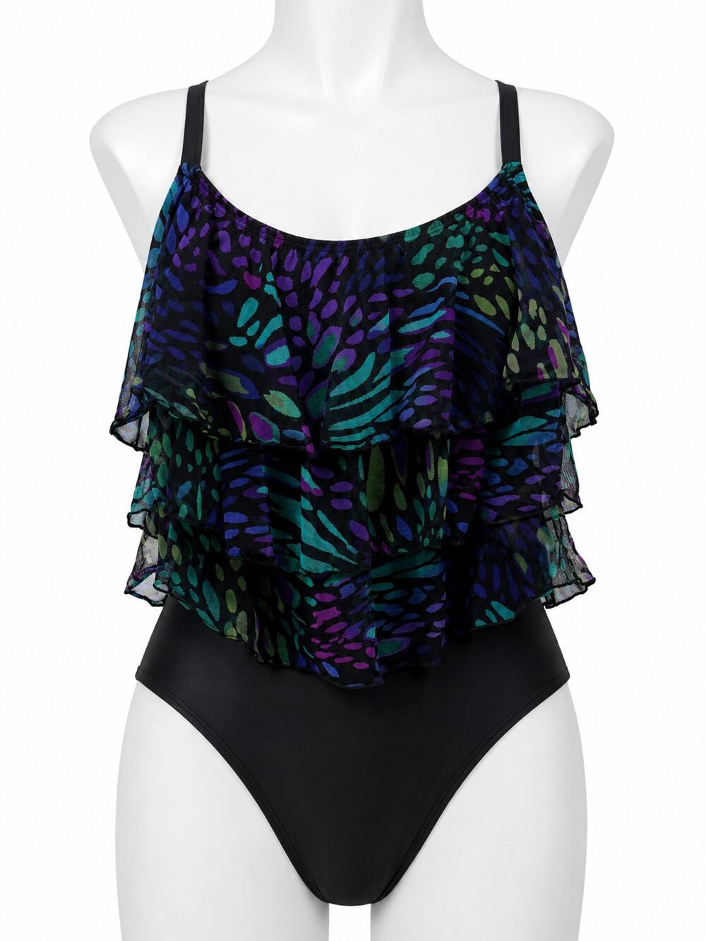 Longitude Ruffle Tankini Swimsuit Black Purple Teal Tiered Swimwear Size 12